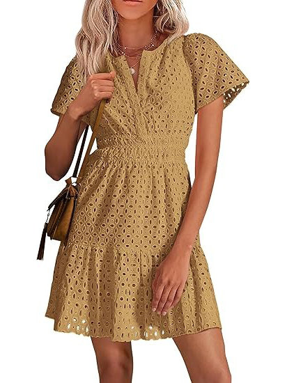 Women's V Neck Smocked Waist Eyelet Dress