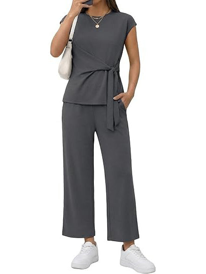 Women's Casual Cap Sleeve Wrap Waist Matching Set