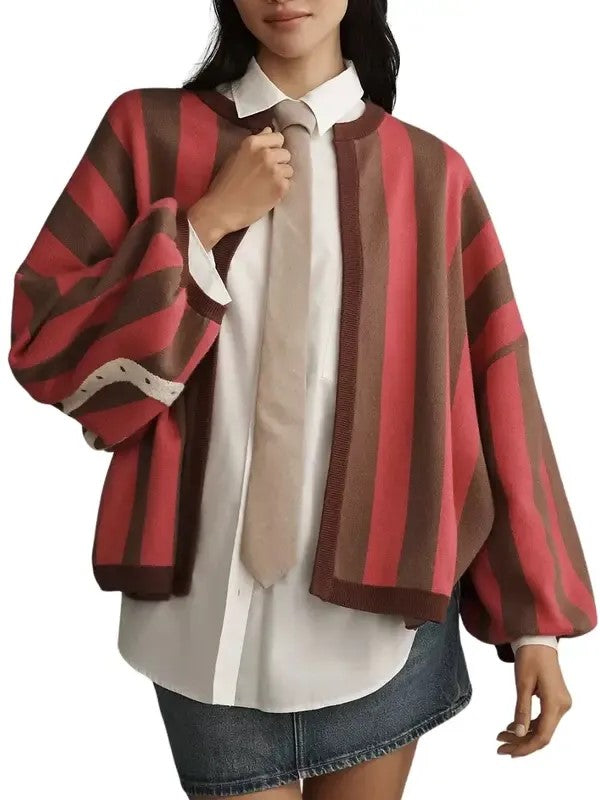 Women's Color Trim Striped Oversized Knit Cardigan