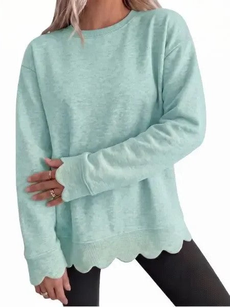 Women's Crew Neck Wavy Scallop Oversized Sweatshirt