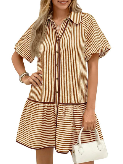 Women's Sweet Striped Lapel Puff Sleeve Midi Dress