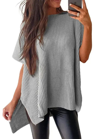 Women's Round Neck Side Slit Oversized Knit Top