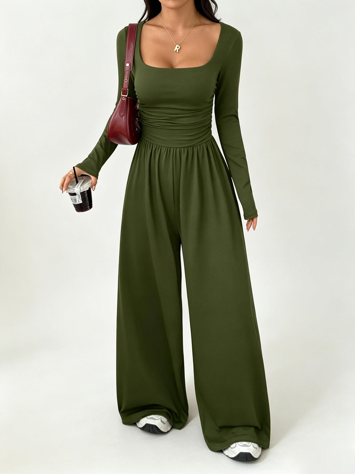 Women's Soft Stretchy Square Neck Wide Leg Jumpsuit