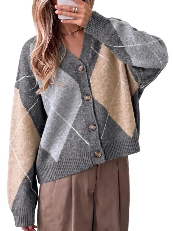 Women's Argyle Color Block V Neck Cardigan