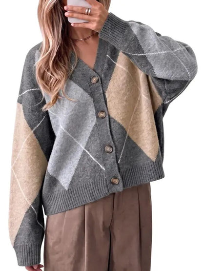 Women's Argyle Color Block V Neck Cardigan