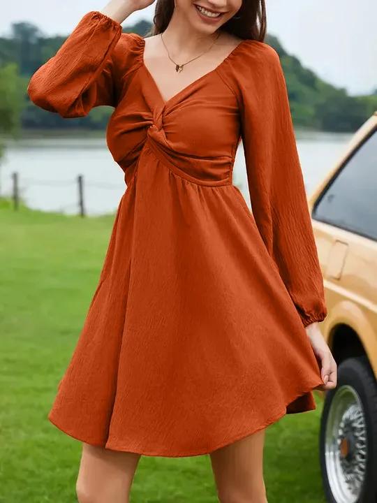 Women's Fall Sweetheart Neck Twist Front Long Sleeve Dress