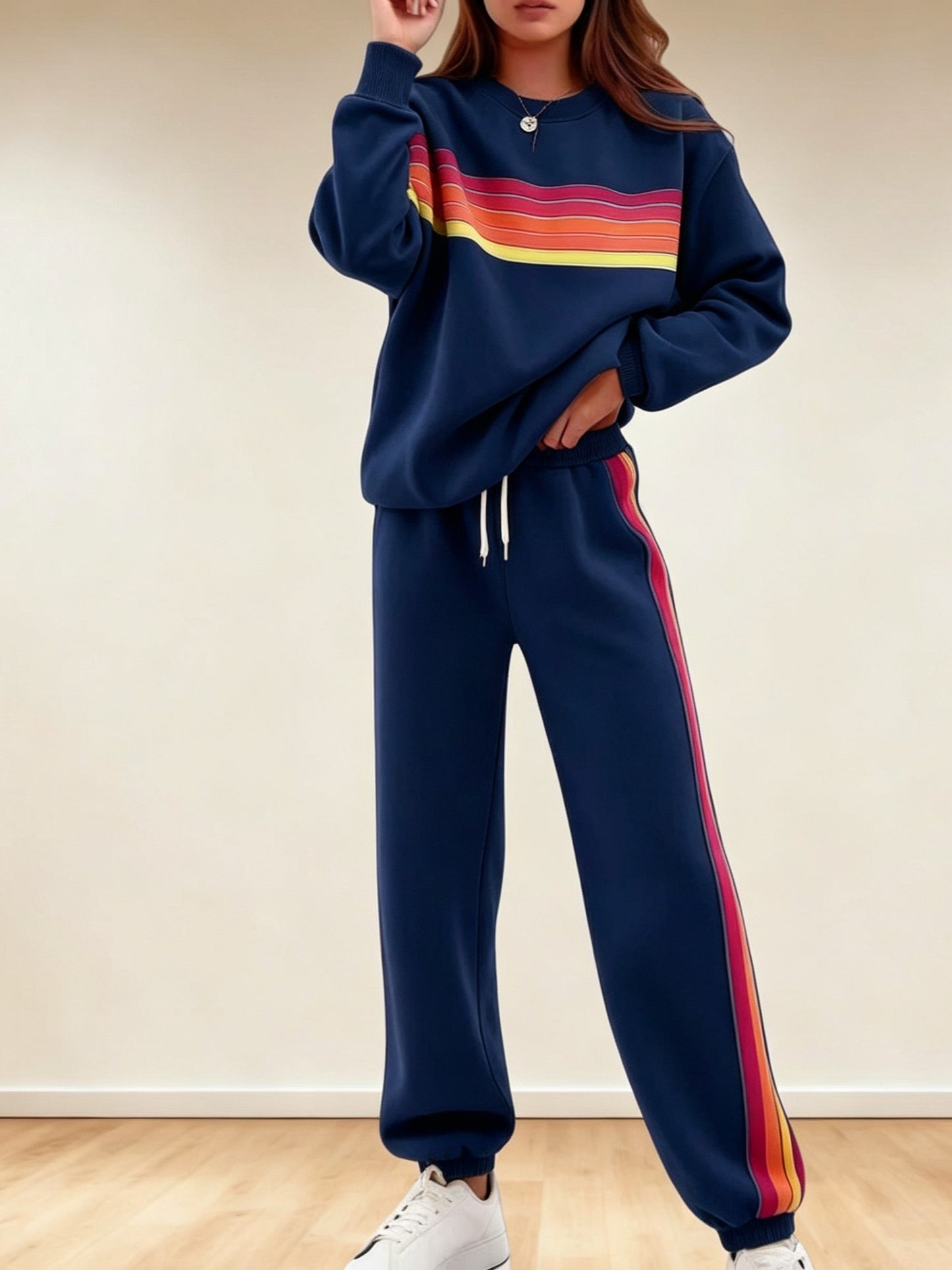 Women's Retro Striped Long Sleeve Sweat Top & Jogger Pants Two‑Piece Set