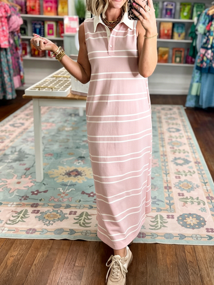 Women's Polo Collar Sleeveless Striped Long Dress