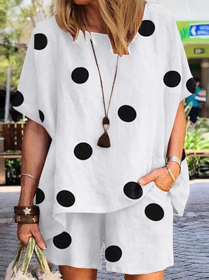 Dot Print Half Sleeve Elastic Waist Suit For Women