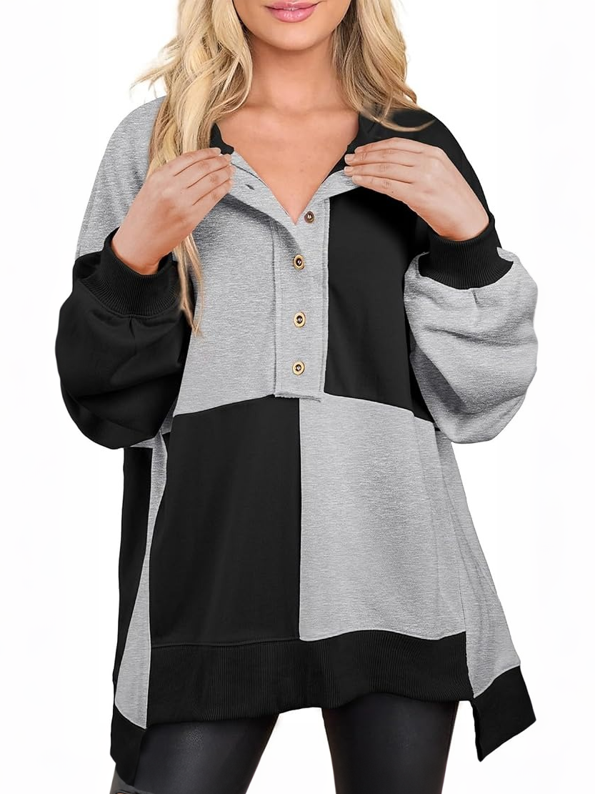 Women's Oversized Button‑Down Patchwork Pullover
