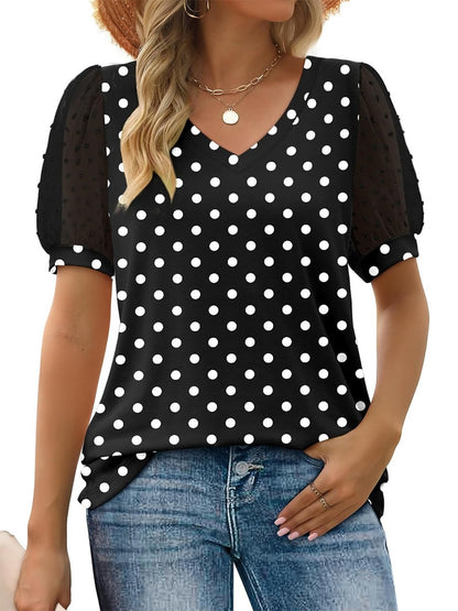Women's Swiss Dot Puff Sleeve Floral Casual Top