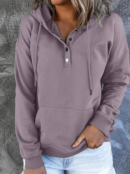 Solid Button Front Hoodie with Pocket