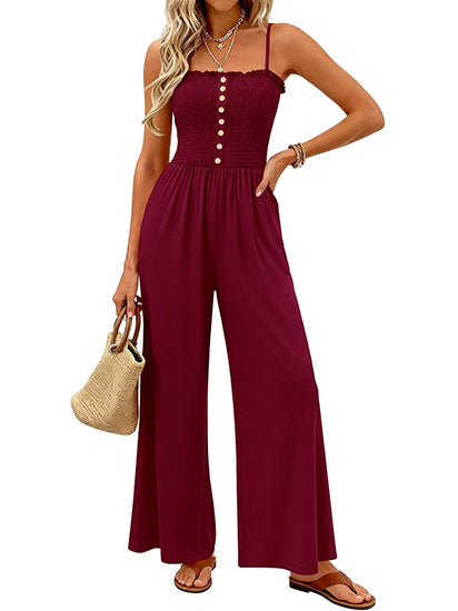 Women's Smocked Bustier Wide Leg Jumpsuit with Pockets