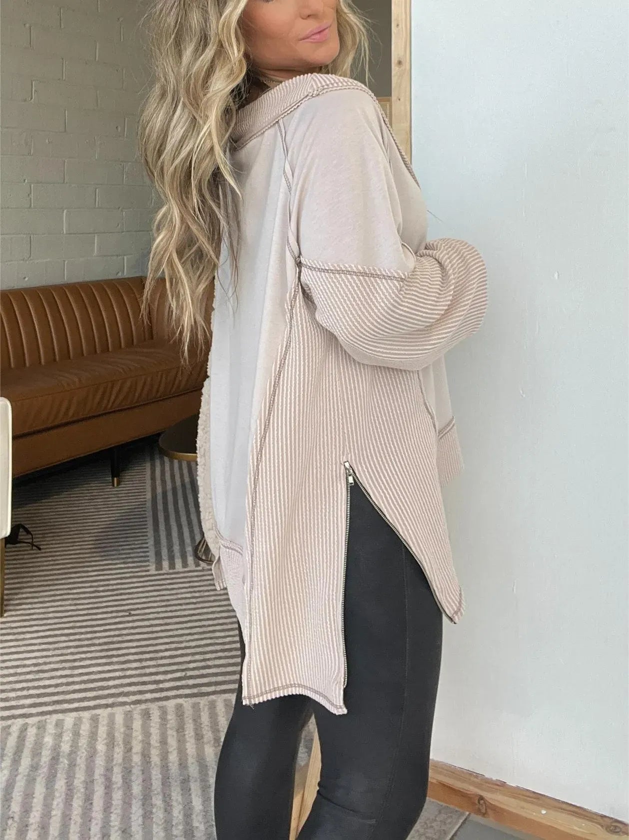 Oversized Side Zipper V-Neck Sweatshirt