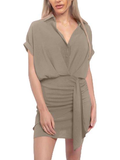 Women's V Neck Shirt Wrap Dress with Ruched Detail
