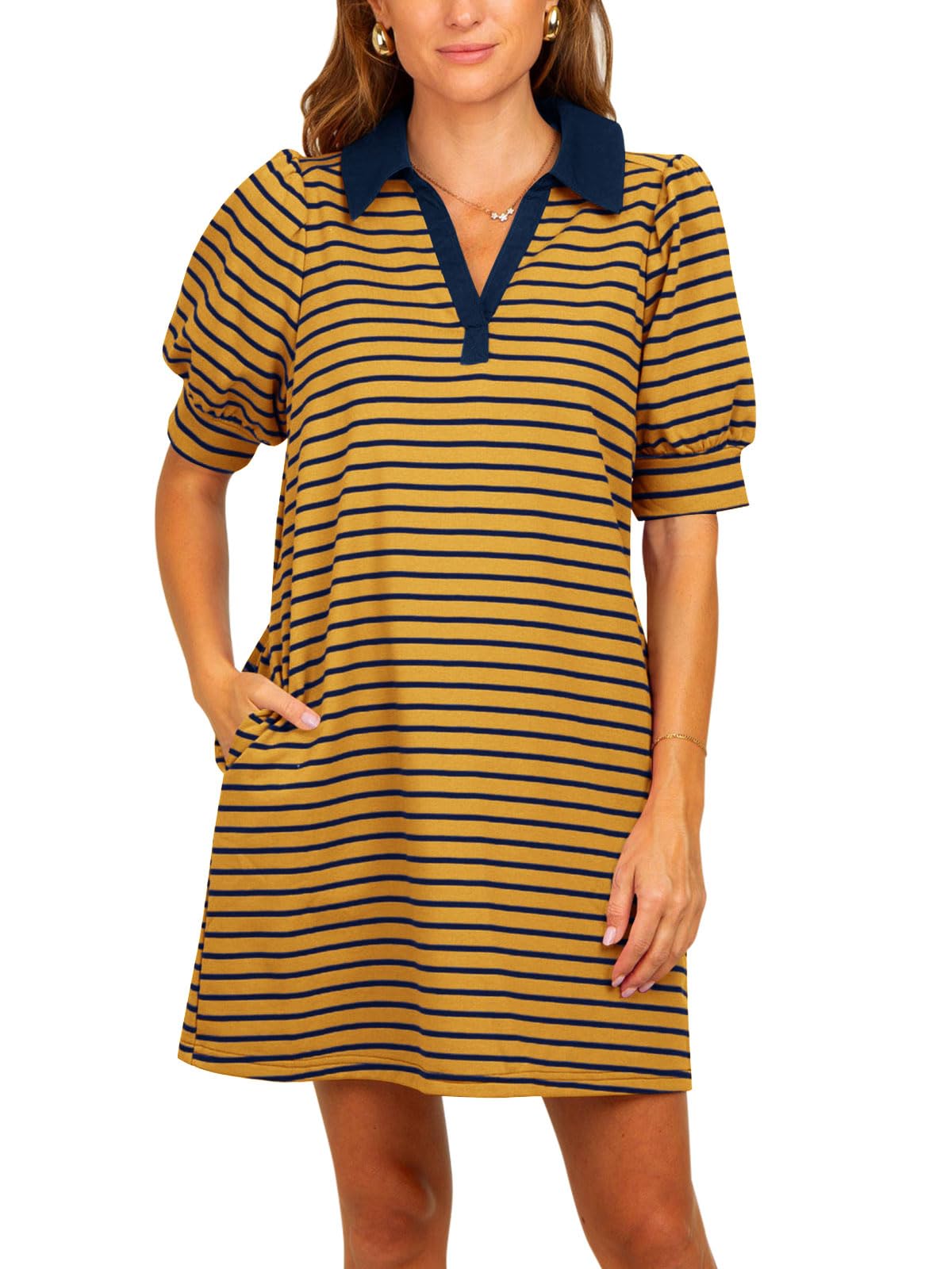 Women's Striped Puff Polo T-shirt Dresses with Pockets