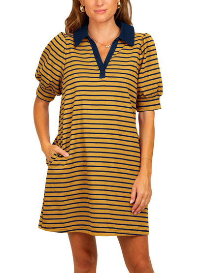 Women's Striped Puff Polo T-shirt Dresses with Pockets