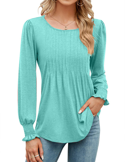 Women's Pleated Puff Long Sleeve Tunic Tops