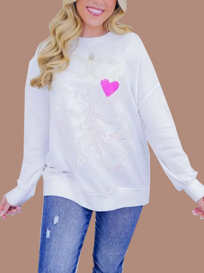 Women's Heart Skeleton Sequin Embellished Sweatshirt