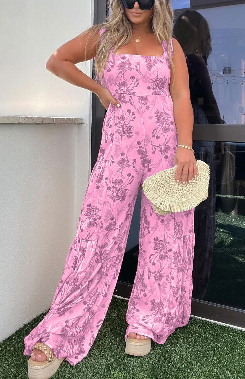 Wide Straps Floral Halter Jumpsuit