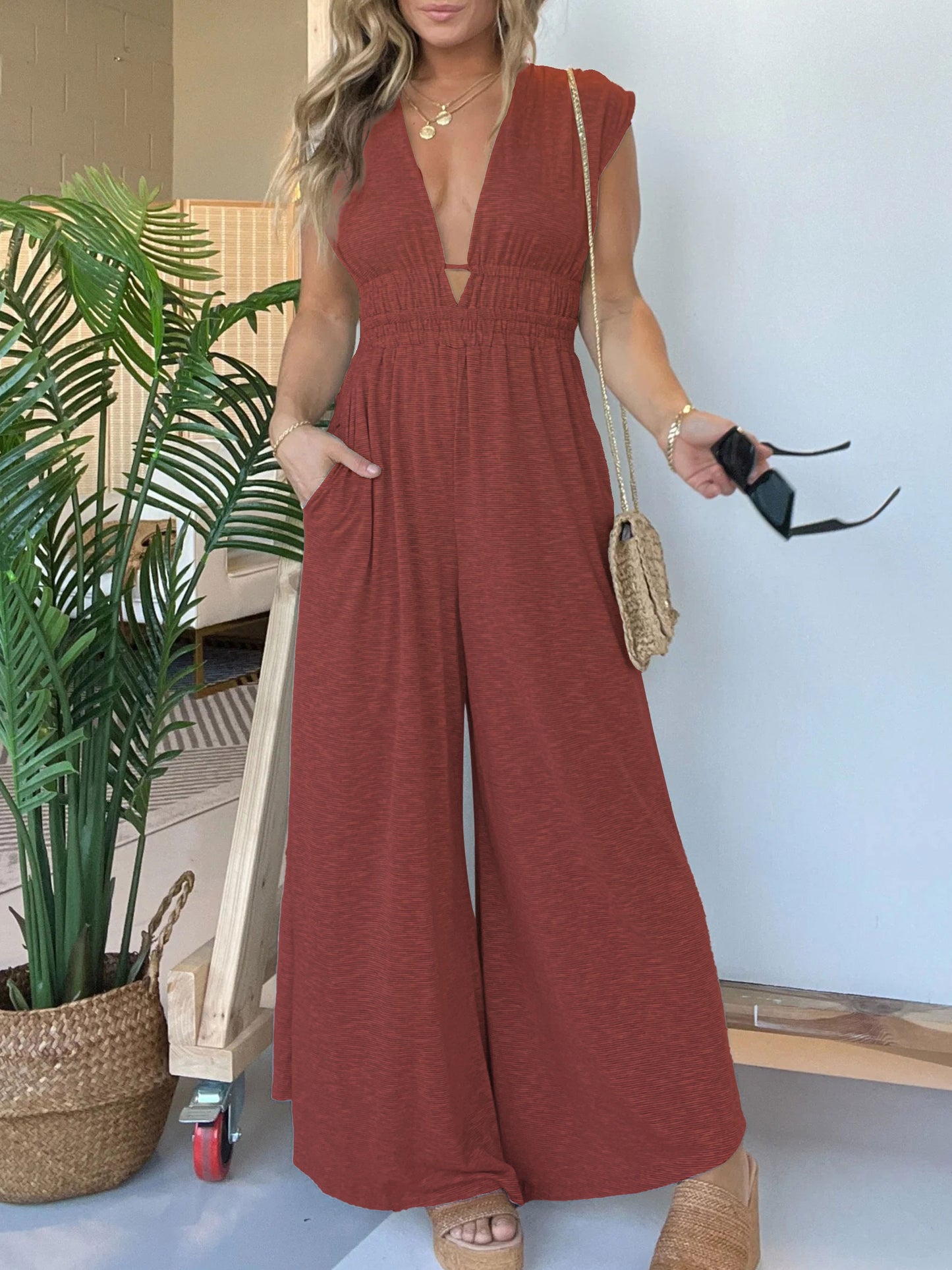 Deep V Sleeveless High Waist Jumpsuit