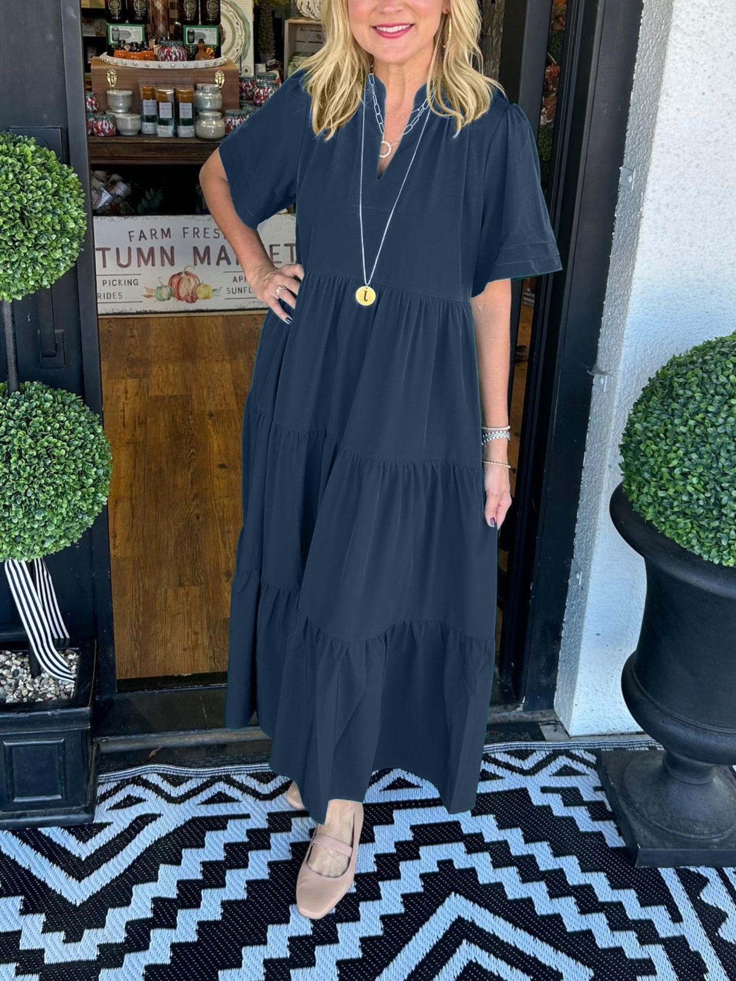 Women's V-Neck Tiered Midi Dress with Pockets