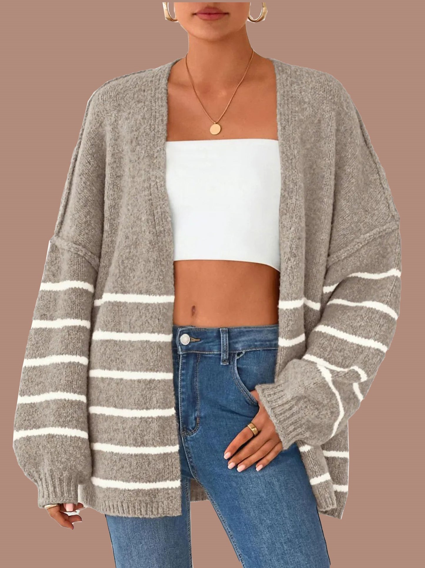 Women's Oversized Balloon Sleeve Striped Cardigan