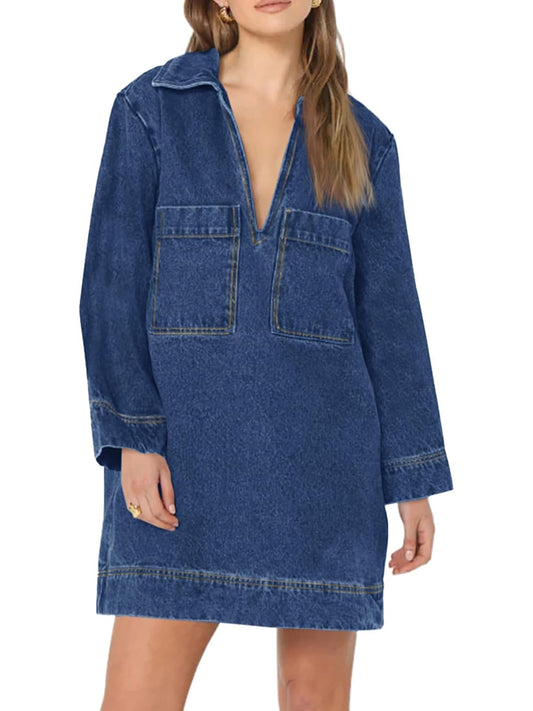 Women's Deep V Neck Denim Shirt Dress with Pockets