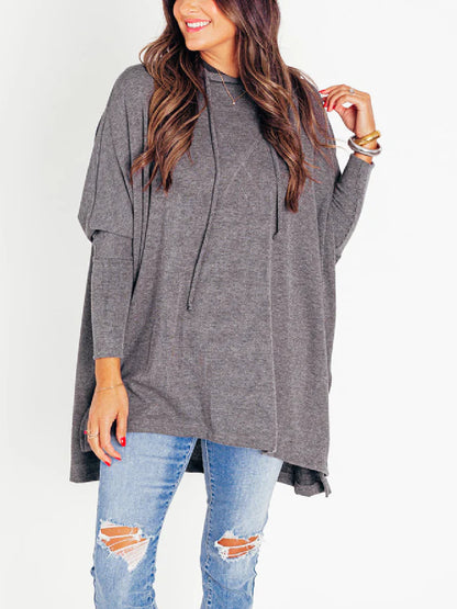 Women's Oversized Bat Sleeve Ribbed Hooded Pullover