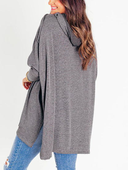 Women's Oversized Bat Sleeve Ribbed Hooded Pullover