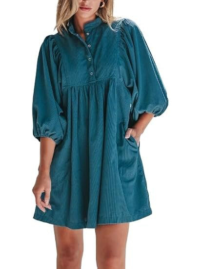 Women's Button Up Empire Waist Corduroy Dress