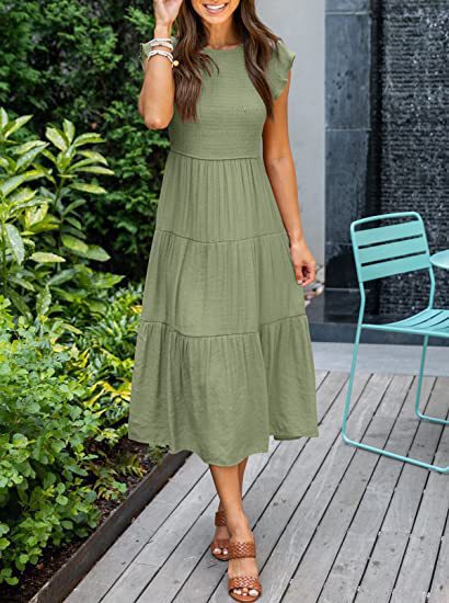Women's Summer Casual Flutter Short Sleeve Smocked  Midi Dress
