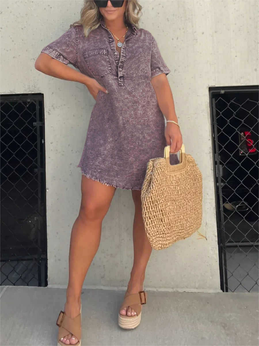 Women's Washed Short Sleeve Shirt Short Skirt