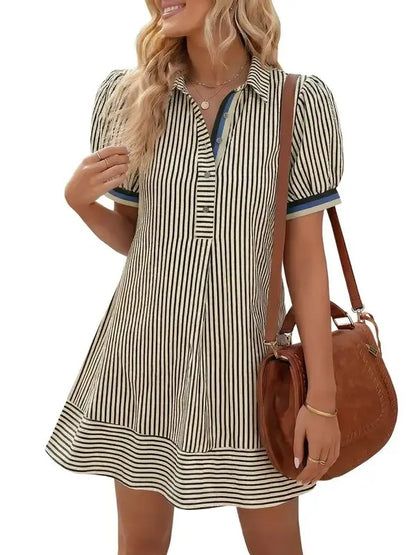 Women's Collar Half Button Casual Striped Dress