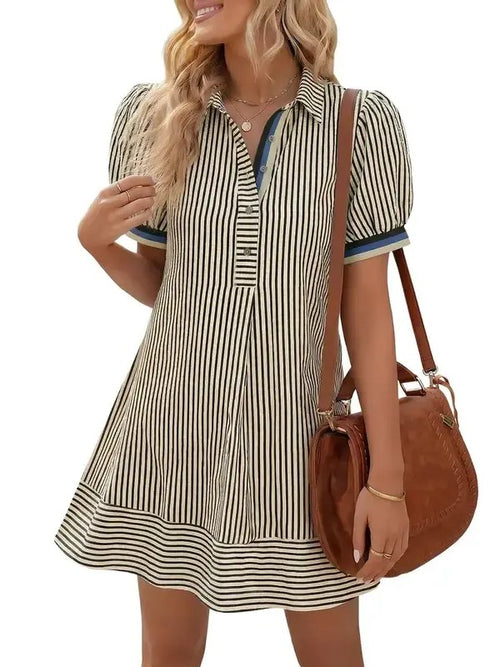 Women's Collar Half Button Casual Striped Dress