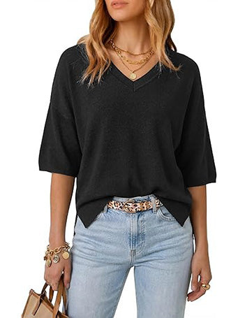 Women's V-Neck Elbow Sleeve Wool Blend Oversized Sweater