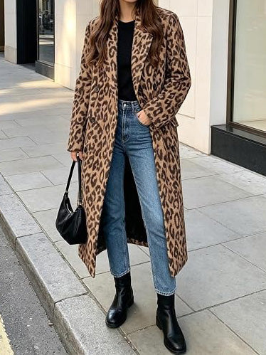 Women's Soft Leopard Print Long Trench Coat