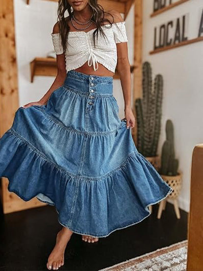 Women's Chic High-Waisted A-Line Denim Skirt