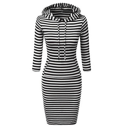 Women Pocket Knee Length Slim Casual Pullover Hoodie Dress