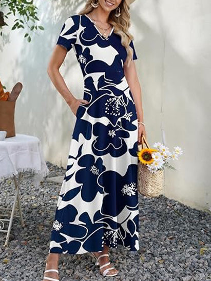 Women's V Neck Floral Print Flowy Maxi Dress with Pockets