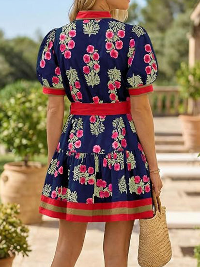Women's Contrast Trim Floral Waist Tie Dress