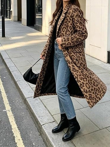 Women's Soft Leopard Print Long Trench Coat