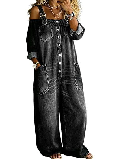 Women's Vintage Washed Off Shoulder Denim Wide Leg Overalls
