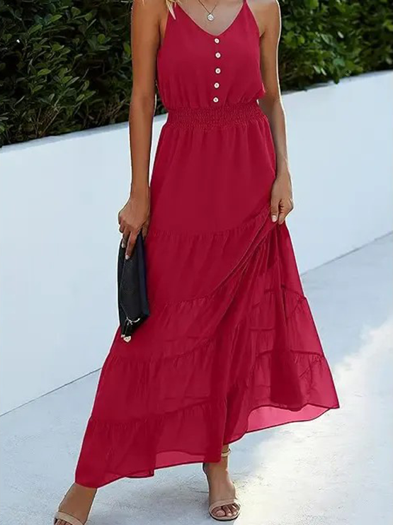 Women's Spaghetti Strap V-Neck Tiered Maxi Dress