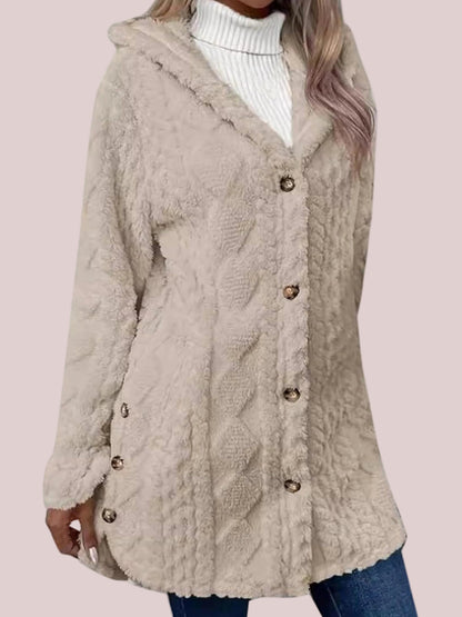 Women's Fuzzy Teddy Hooded Coat with Side Decor Buttons