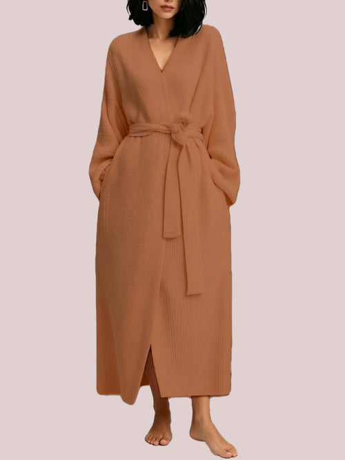 Women's Plush Knitted Long Robe with Waist Belt