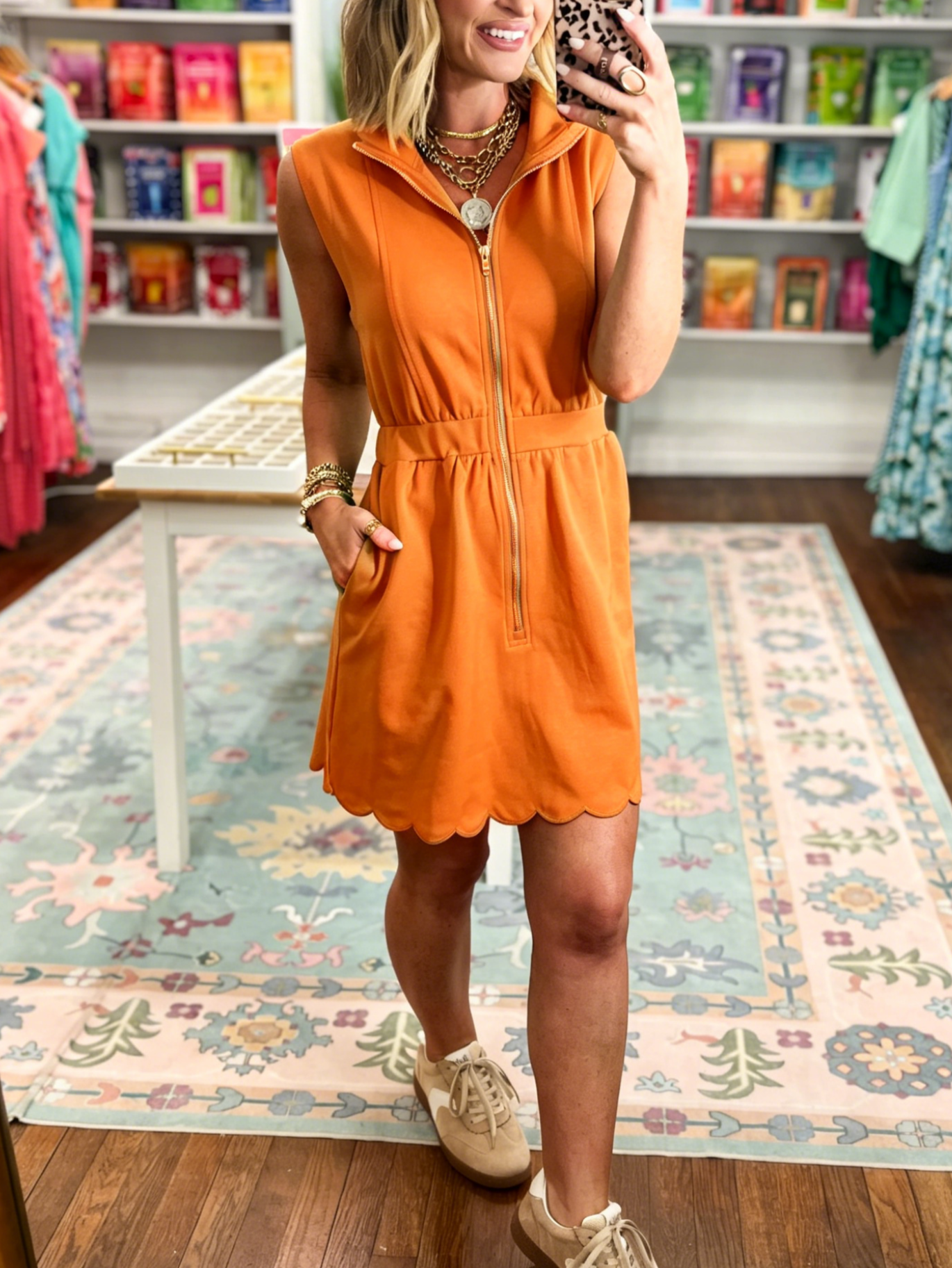 Women's Scallop Hem Zip-Front Sleeveless Dress