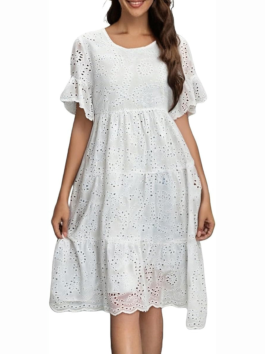 Eyelet Flutter Sleeve Tiered Midi Dress