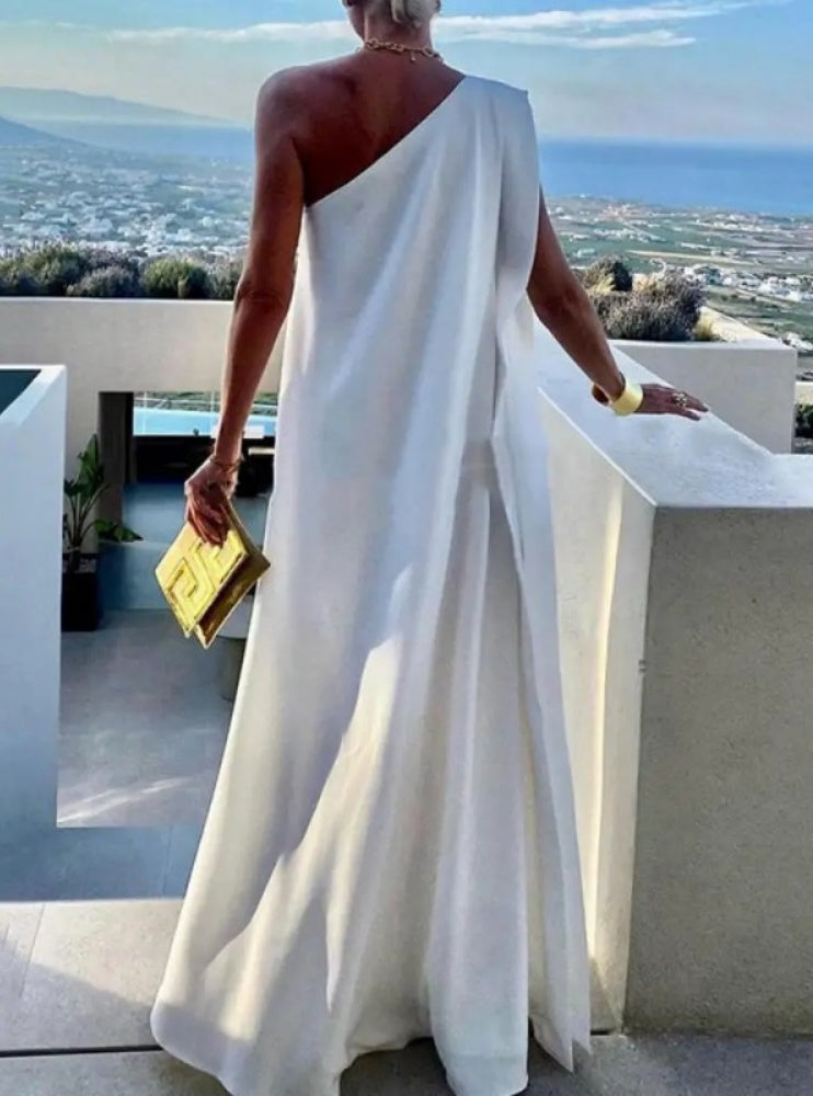 Women's Loose Asym Solid Split One-Shoulder Maxi Dress