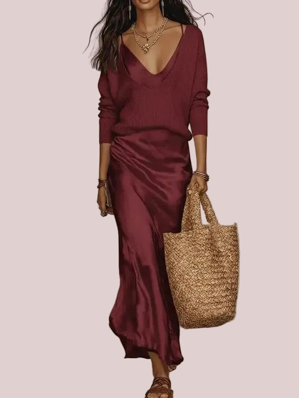 Women's 2-Piece Knit Satin Dress Set